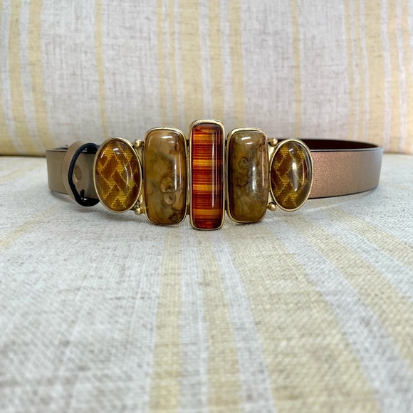 Vintage Chico’s Genuine Split Leather Belt + Gold Tone Stone Embellished Buckle - Picture 6 of 14